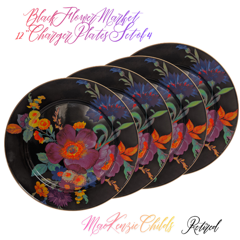 MacKenzie Childs Black Flower Market Enamel Charger Plates 12 inch, Set of 4